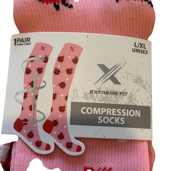 Extreme Fit Ladybug Compression Socks L/XL Knee High Supportive Pink Red Travel - Picture 2 of 11